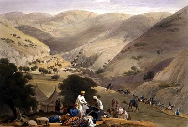 A harmadik leereszkedés a Koojah-hágón, a Charles Haghe (1810-88) és Louis Haghe (1806-85) által metszett, Henry Graves által kiadott "Vázlatok Afganisztánban" című kötetből. alkotó: James (after) Atkinson
