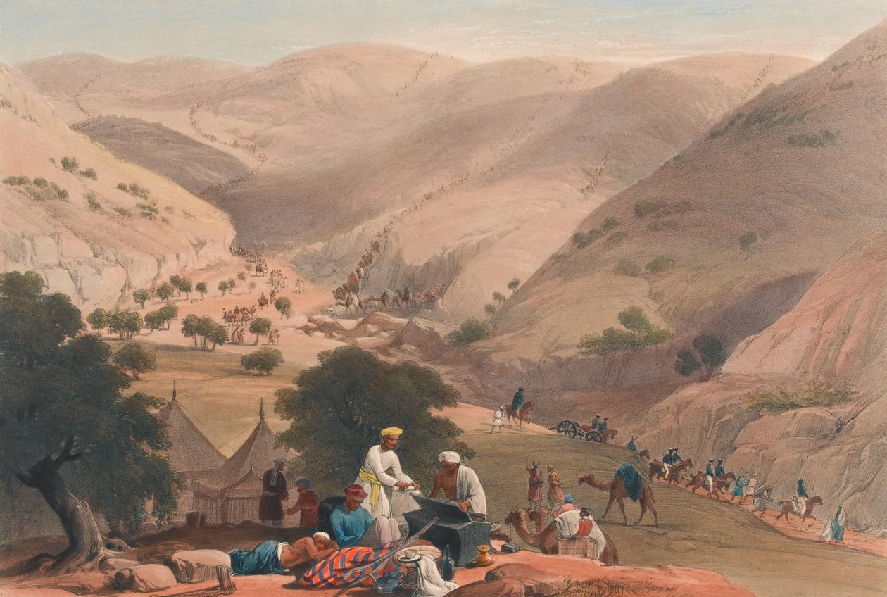 „The Third Descent of the Koojah [sic] Pass”, 1839 körül (kőnyomat, színezett) alkotó: James (after) Atkinson