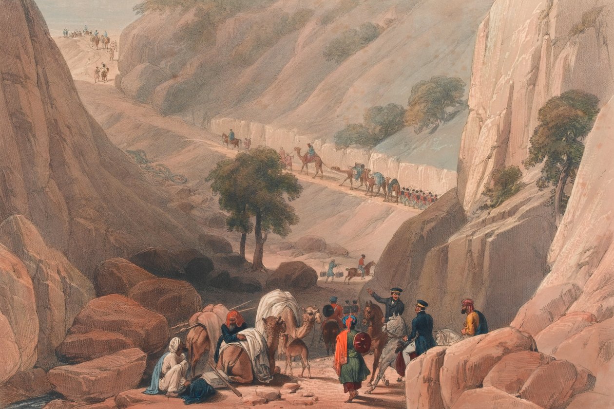 „A csapatok a szennyeződés szűk részéből a Koojah [sic] hágóban” alkotó: James (after) Atkinson