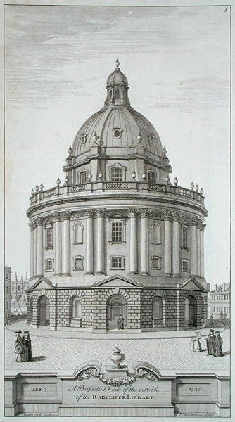 Külső kép a "Radcliffe-könyvtár tervei, metszetei és domborzatai" című könyvből, Pierre Fourdrinier (megh. 1758) metszetében, 1747-ben megjelent (metszet) alkotó: James (after) Gibbs