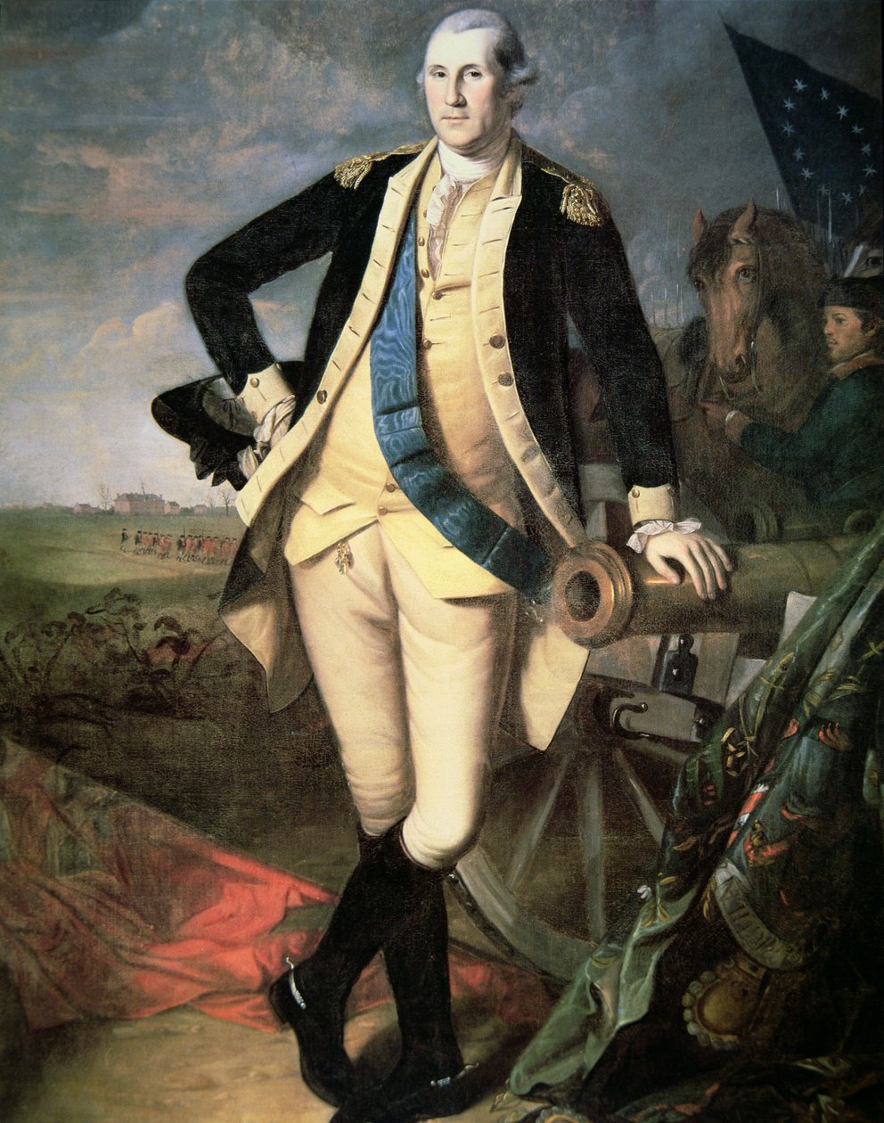George Washington tábornok (1732-99), Yorktown, Virginia (színes litho) alkotó: James (after) Peale