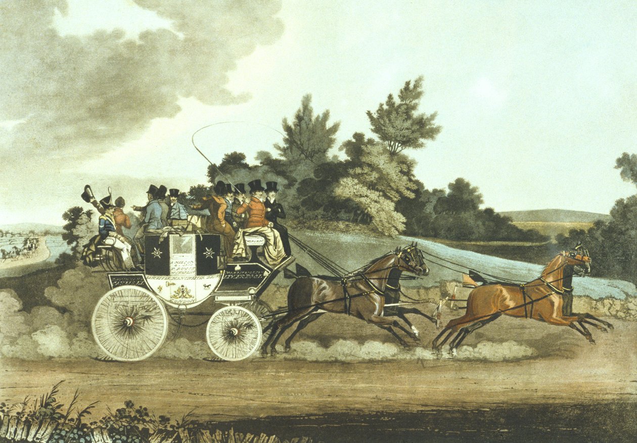 Színpadi edző és ellenzéki edző a láthatáron (színes litó) alkotó: James (after) Pollard