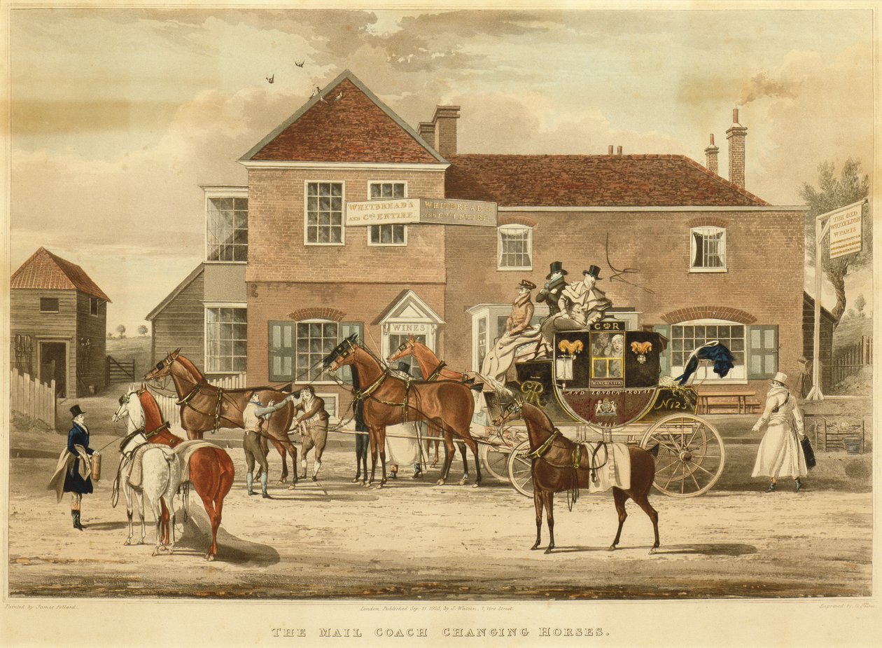 The Mail Coach Changing Horses, 1825 körül (metszet) alkotó: James (after) Pollard