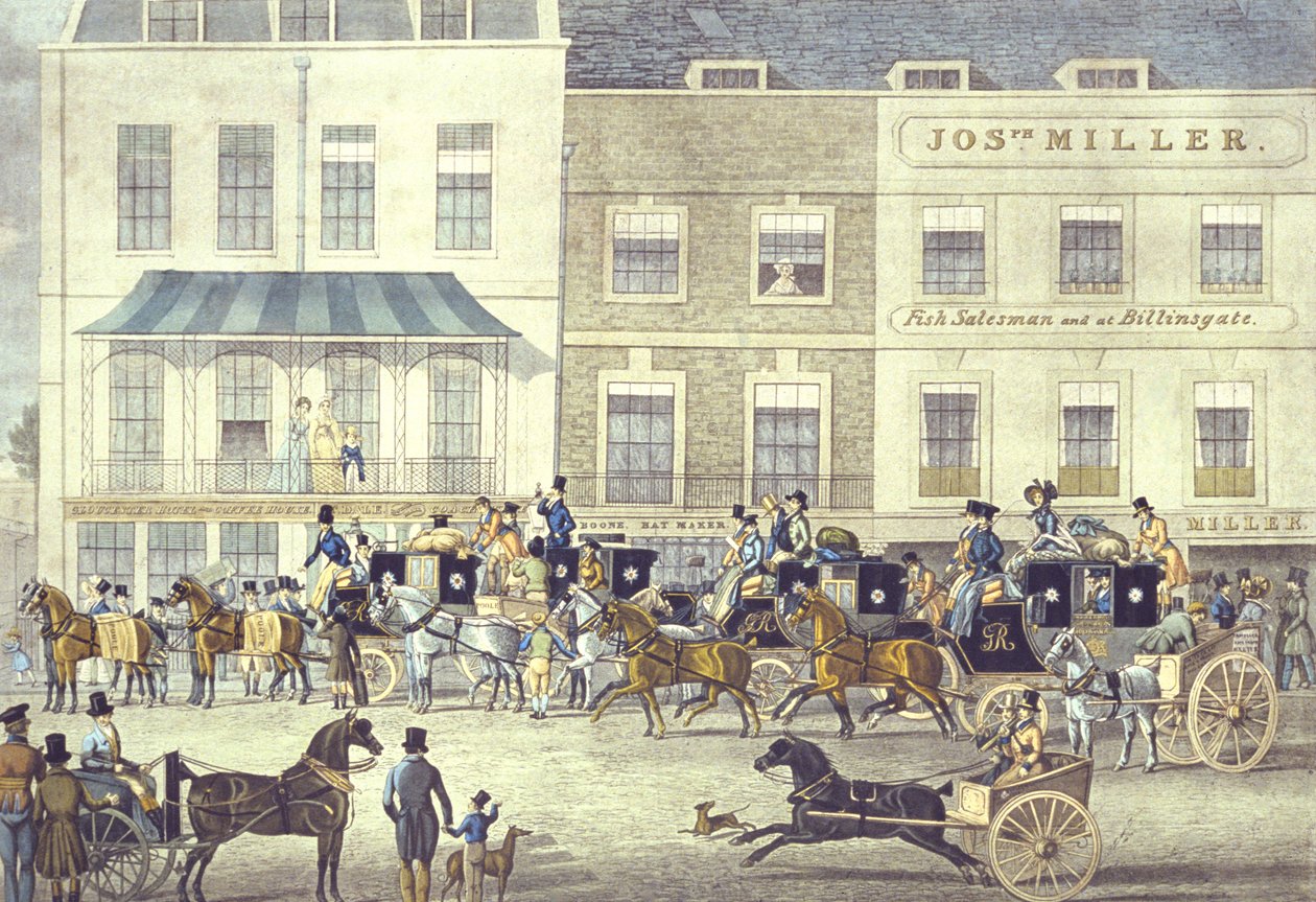 West Country Mail a Gloucester Coffee House-ban, Piccadilly, C. Rosenberg metszete (színes litó) alkotó: James (after) Pollard