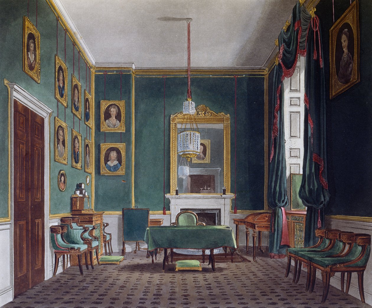 Zöld elhúzódó szoba, Daniel Havell (1785-1826) metszete, James Stephanoff (kb. 1788-1874) terve alapján, A királyi rezidenciák történetéből alkotó: James (after) Stephanoff