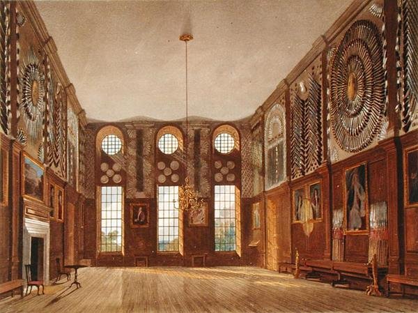 Az őrszoba, Hampton Court, a "The History of the Royal Residences" című könyvből, Richard Reeve (sz.1780) metszete, William Henry Pyne (1769-1843) munkája. alkotó: James (after) Stephanoff
