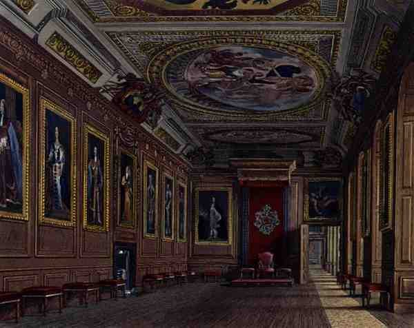 A király jelenléti terme, Windsor kastély, a "Királyi rezidenciák"-ból, W. J. Bennett metszete, William Henry Pyne (1769-1843) kiadása. alkotó: James (after) Stephanoff