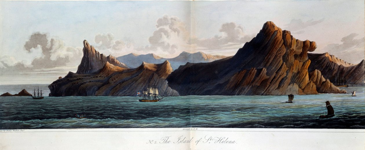 Kilátás a 19. századi Sainte Helene (Sainte-Helene) szigetére. James Wathen († 1828) akvarellje Párizs, Musee de l