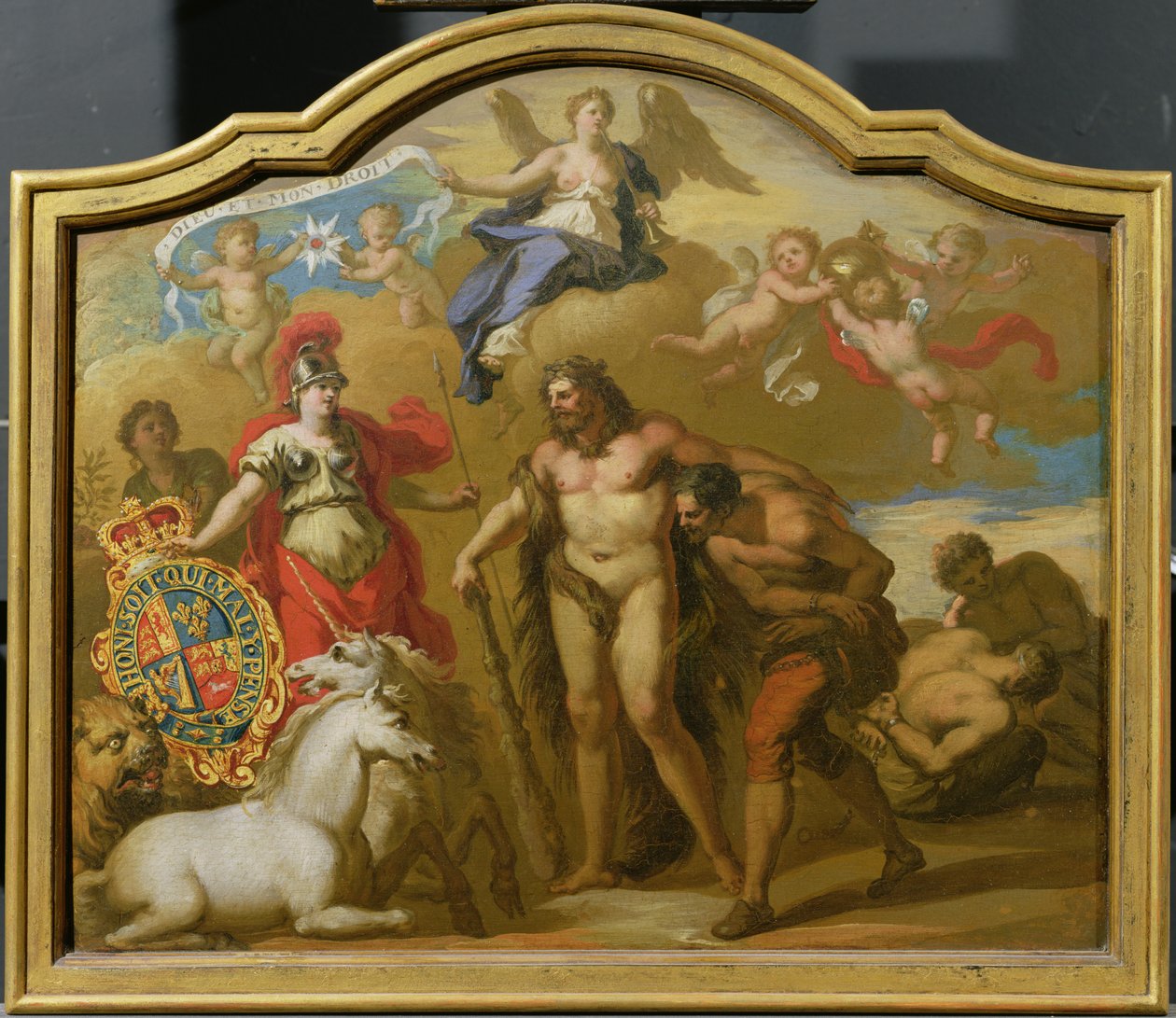 Nagy-Britannia hatalmának allegóriája a szárazföldön, dísztábla tervezése I. György ünnepi edzője számára, 1718 körül (olaj, tábla) alkotó: James (attr. to) Thornhill