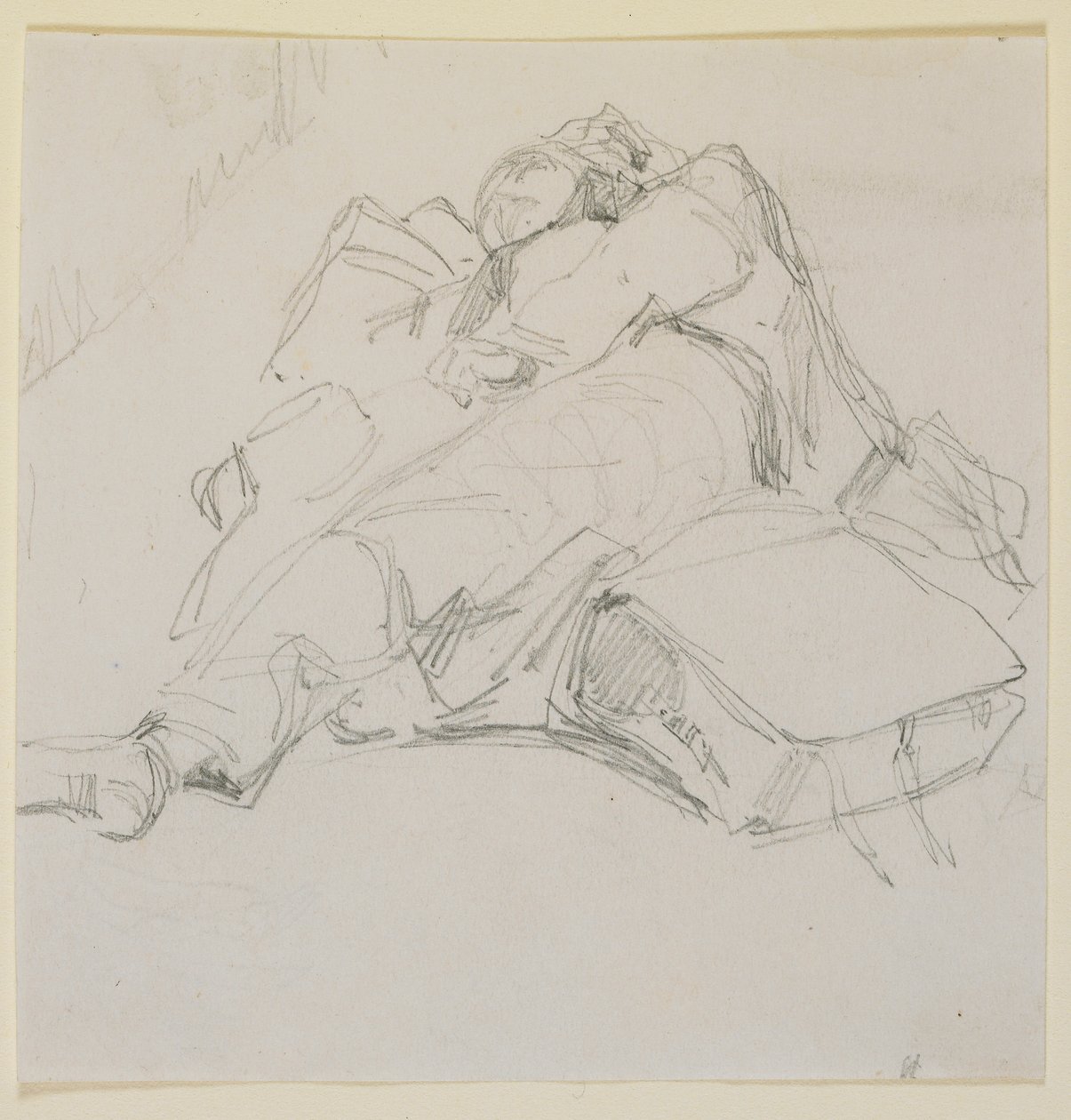 Egy ember alszik egy halom poggyászon, 1858. alkotó: James Abbott McNeill Whistler