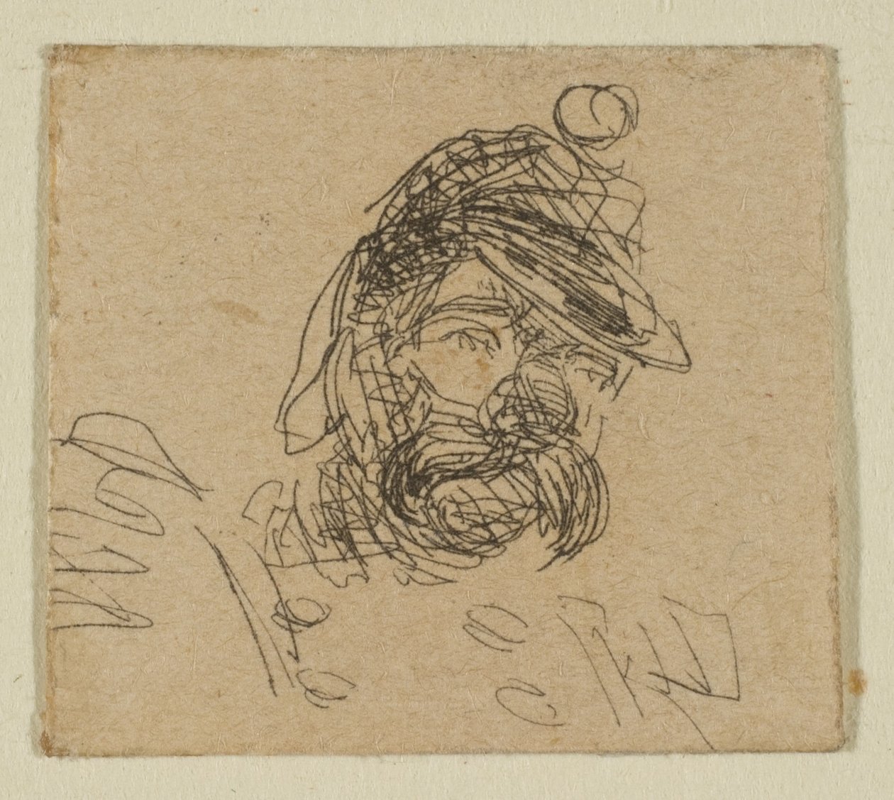 Szakállas férfi katonasapkában a vázlatokról a partfelmérő táblán, 1854-55. alkotó: James Abbott McNeill Whistler