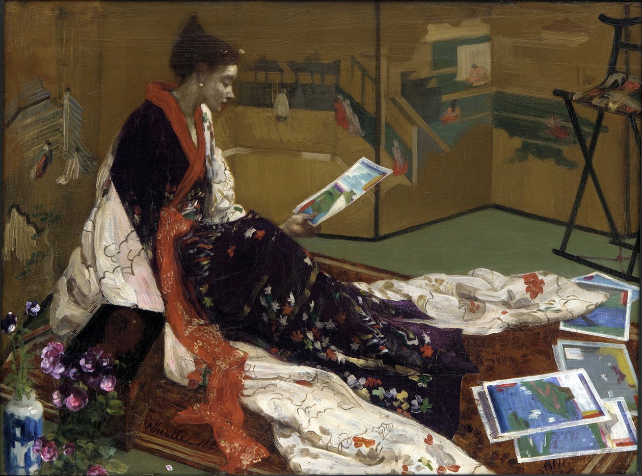 ""Caprice bíborban és aranyban: az arany paraván"" Fiatal nő, japán stílusban, kimonóba öltözve, nyomatokat néz - (japánizmus) James Abbott McNeill Whistler (1834-1903) festménye, 1864 Freer Gallery of Art, Washington, Egyesült Államok alkotó: James Abbott McNeill Whistler