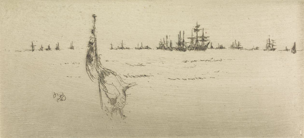 A zászló mártása, egy tizenkét rézkarcból álló sorozatból, The Naval Review, 1887 alkotó: James Abbott McNeill Whistler