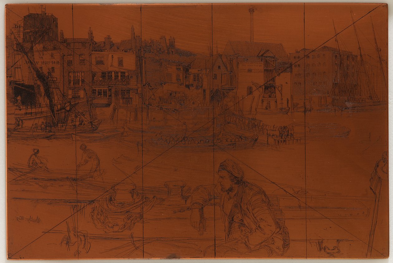 Rézkarc: Black Lion Wharf, 1859. alkotó: James Abbott McNeill Whistler