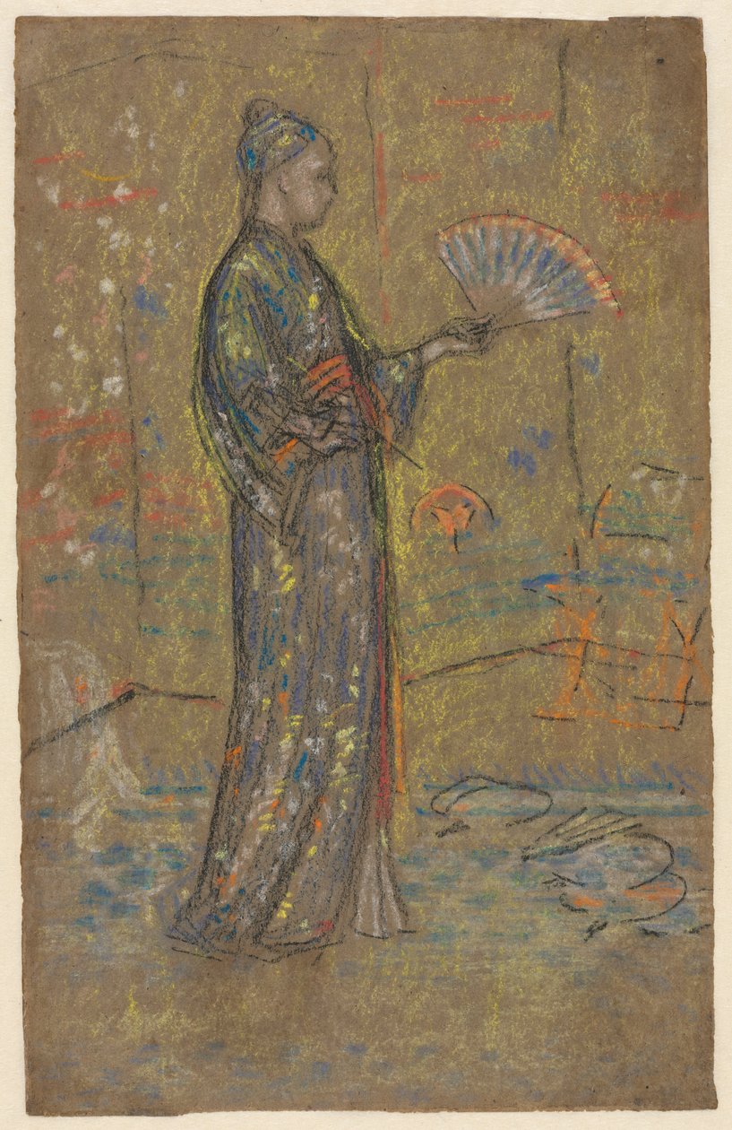 Japán nő legyezőt festve, álló nő, feltartva a ruháját, c. 1872. alkotó: James Abbott McNeill Whistler