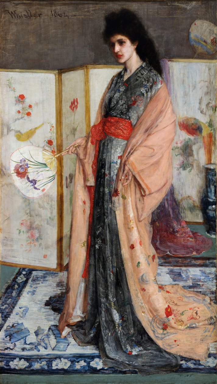""A porcelán országának hercegnője" (Rózsa és ezüst: A hercegnő a porcelán földjéről) Fiatal nő, japán stílusban, kimonóban, mögötte japán paraván (Japonisme) James Abbott McNeill Whistler festménye ( 1834- 1903) 1864 Szabadabb alkotó: James Abbott McNeill Whistler