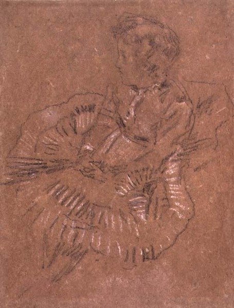 PD.67-1959 Egy ülő lány nagy szoknyában (Elinor Leyland tanulmánya) 1870-80 körül (fekete-fehér kréta barna papíron) alkotó: James Abbott McNeill Whistler