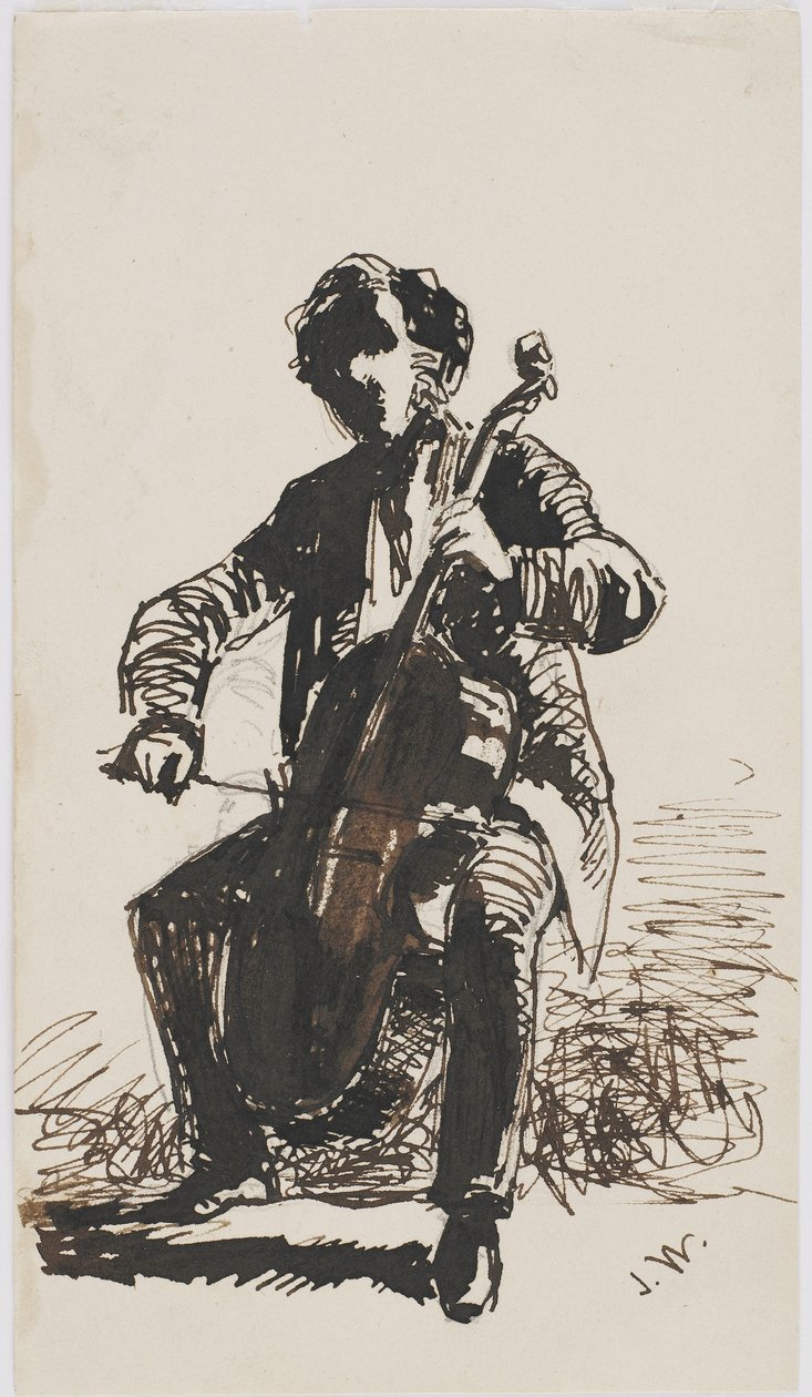 Sir Seymour Haden csellón játszik, 1855 körül (ceruza, toll és tinta bézs színű papíron) alkotó: James Abbott McNeill Whistler