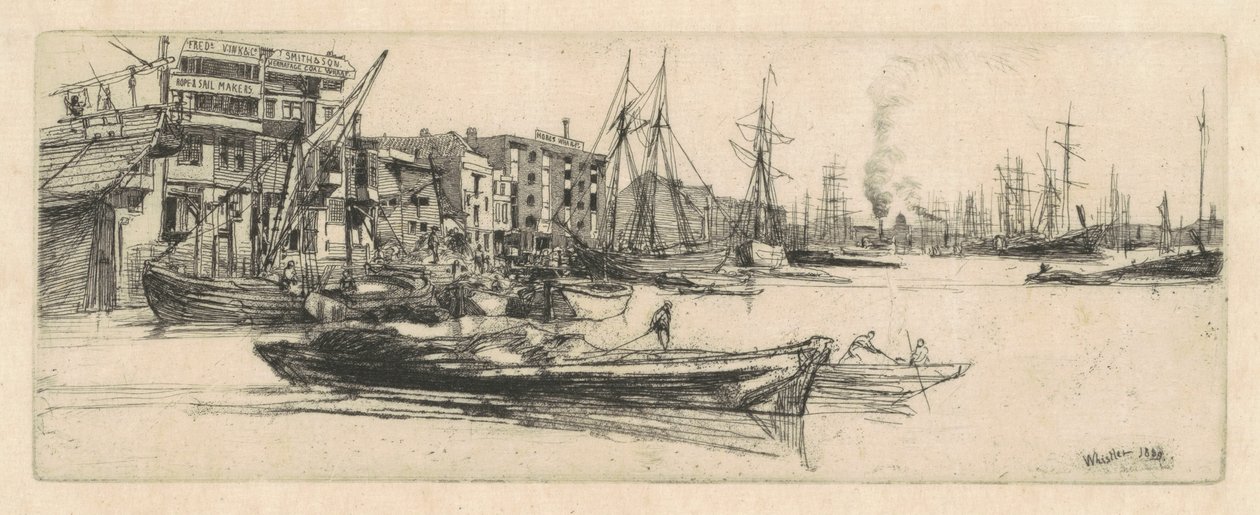Temze raktárak, 1859. alkotó: James Abbott McNeill Whistler