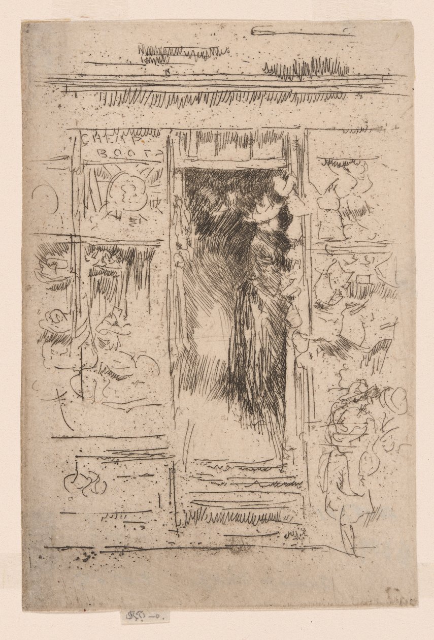 A főkötő-bolt, 1884-86 körül (metszet; tus, papír) alkotó: James Abbott McNeill Whistler