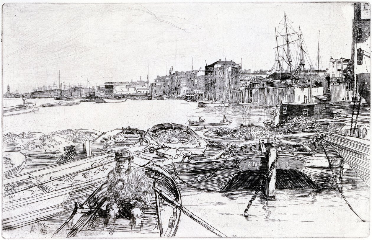 A Temze látképe a London-medence felett (Anglia), 1859-ben, a Temzéről készült metszetsorozat része, amely az angol fővárosban dolgozó tengerészeti munkások közösségét mutatja be. alkotó: James Abbott McNeill Whistler