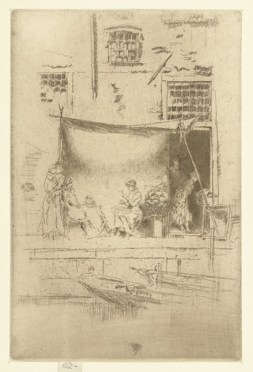 Nők egy napernyő alatt a rakparton Gyümölcsbódé Huszonhat rézkarcból álló készlet (sorozat címe) alkotó: James Abbott McNeill Whistler