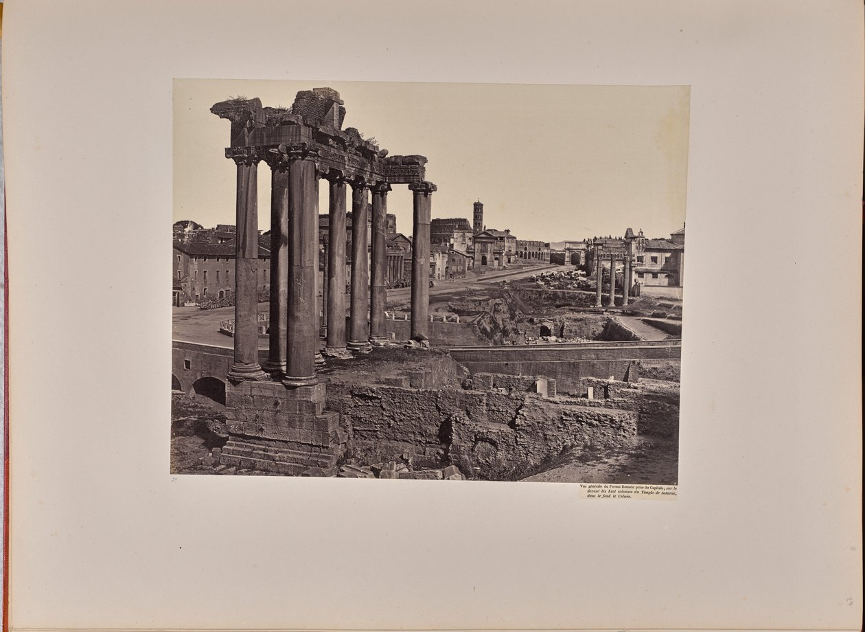 A Forum Romanum látképe a Capitolium felől, előtérben a Saturnus-templom nyolc oszlopa, háttérben a Colosseum alkotó: James Anderson