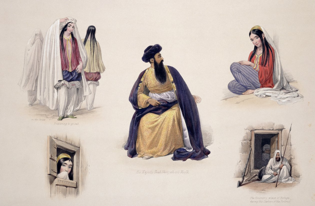 Őfelsége Sah-Soojah-Ool-Moolk (1780-1842) portréja, a "Sketches in Afghaunistan" című műből, metszette Charles Haghe (1810-88) és Louis Haghe (1806-85), kiadó: Henry Graves, 1842 (színes kép). alkotó: James Atkinson