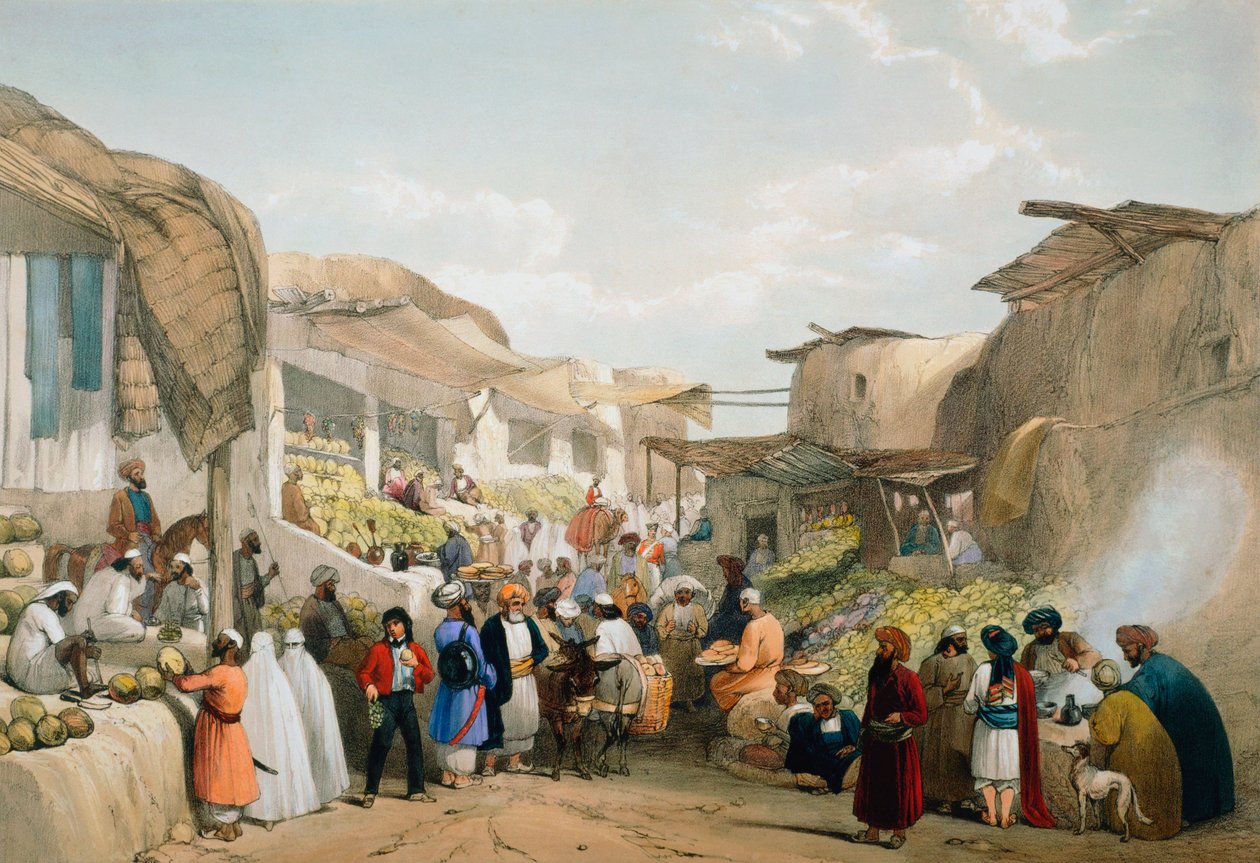 Bazár Kabulban a gyümölcsszezonban, első angol-afgán háború, 1838-1842 alkotó: James Atkinson