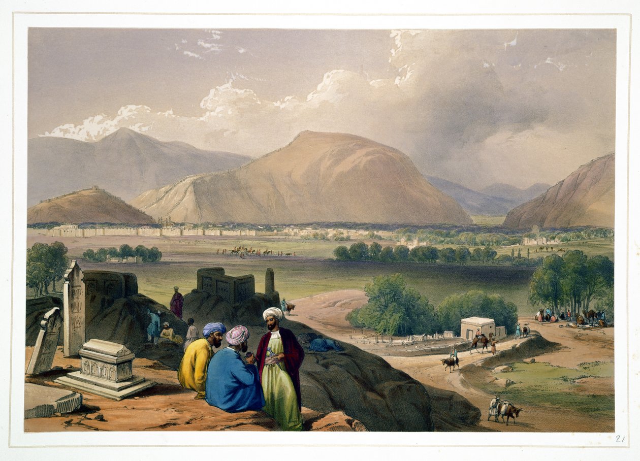 Caubul, a város északkeleti részén, a hegygerincen található temetőből, a „Vázlatok Afghaunisztánban” című művéből, Charles Haghe (1810-88) és Louis Haghe (1806-85) metszete, Henry Graves, 1. alkotó: James Atkinson