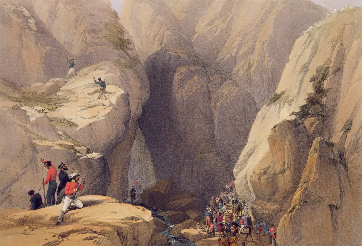 A Kojak-hágó bejárata a Parish felől, a "Sketches in Afganisztan" című művéből, Charles Haghe (1810-88) és Louis Haghe (1806-85) metszete, Henry Graves, 1842 alkotó: James Atkinson