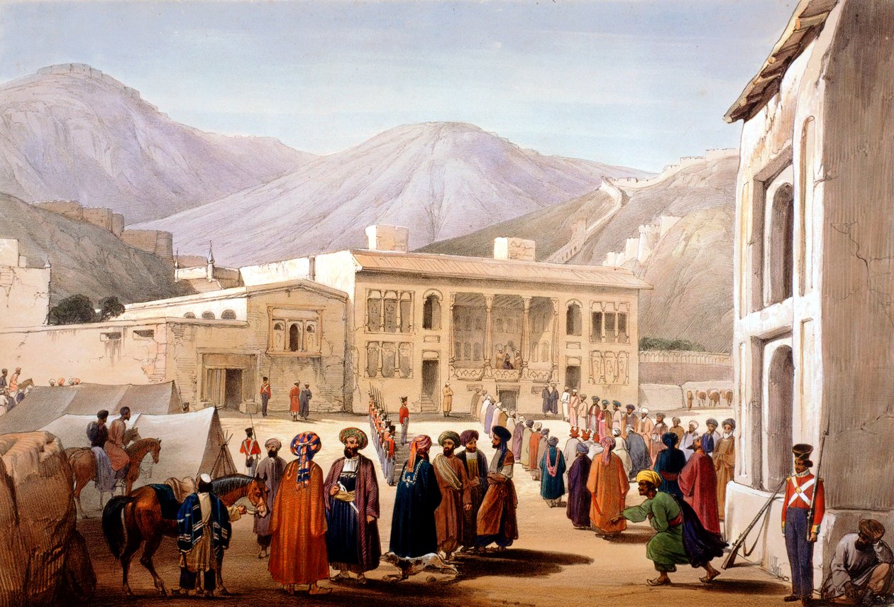 Shah Shoja, a britek bábja, durbart tart Kabulban, Első angol-afgán háború, 1838-1842 alkotó: James Atkinson