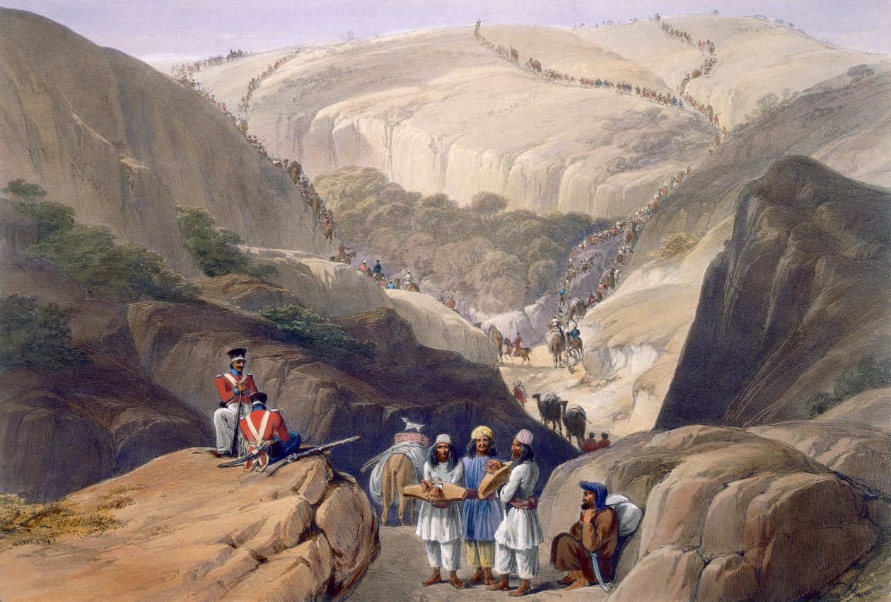 Az első leereszkedés a Koojah-hágón, a "Vázlatok Afghaunisztánban" című művéből, Charles Haghe (1810-88) és Louis Haghe (1806-85) metszete, Henry Graves, 1842 alkotó: James Atkinson
