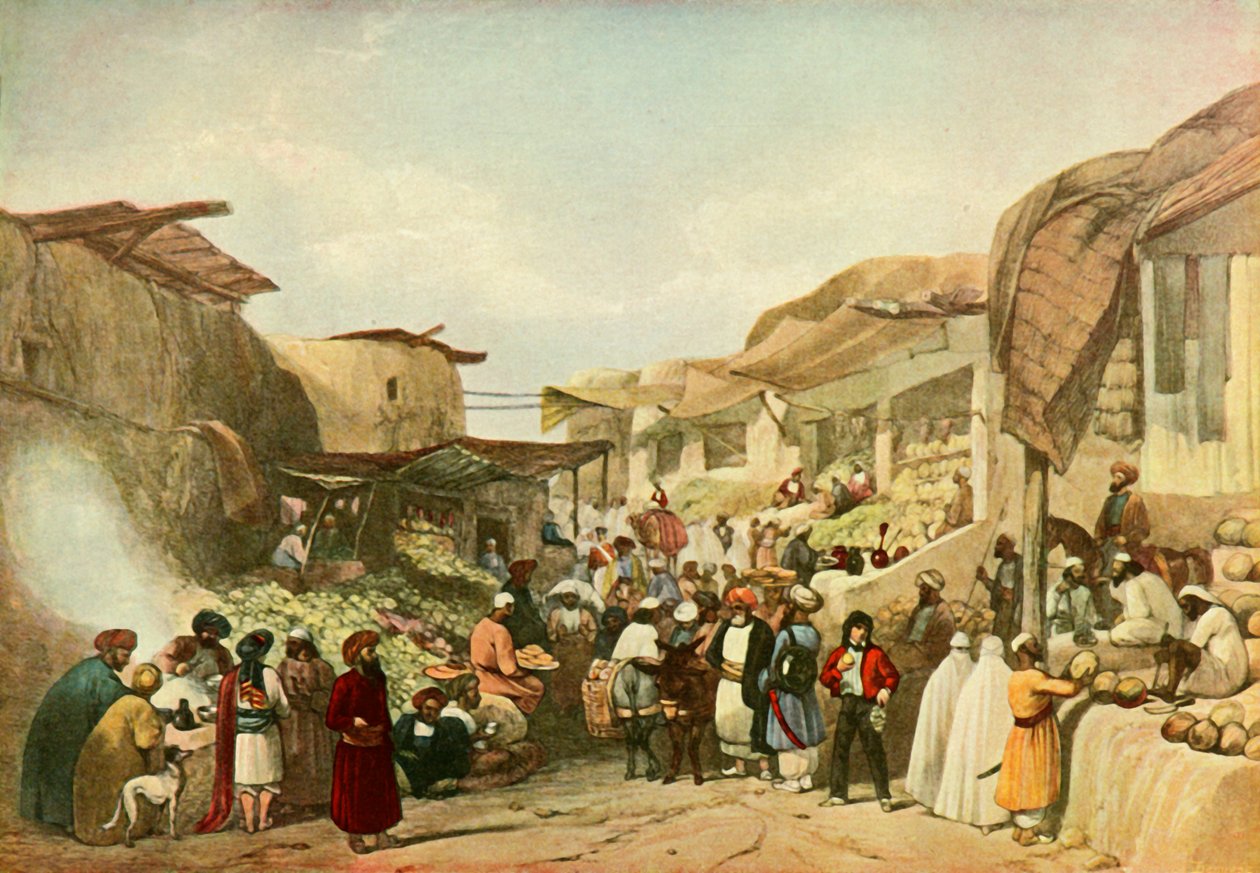 A főutca a bazárban Kabulban a gyümölcsszezonban, 1840, 1901. alkotó: James Atkinson