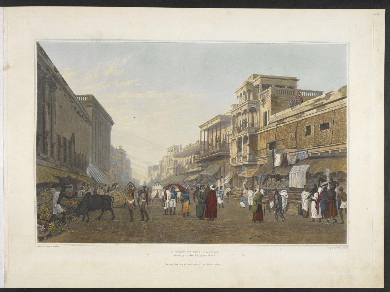 Kilátás a Bazárban, amely a Chitpore Roadra vezet, a „Kalkuttára és környékére” 1826 (kézzel színezett akvatinta) alkotó: James Baillie (after) Fraser