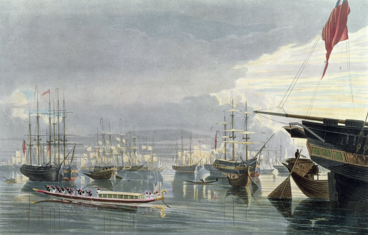 Kilátás a folyóra, a hajózásra és Kalkutta városára, Smiths Dock közelében, 1837, vésette Robert Havell ifjabb (1793-1878) (akvatinta) alkotó: James Baillie Fraser