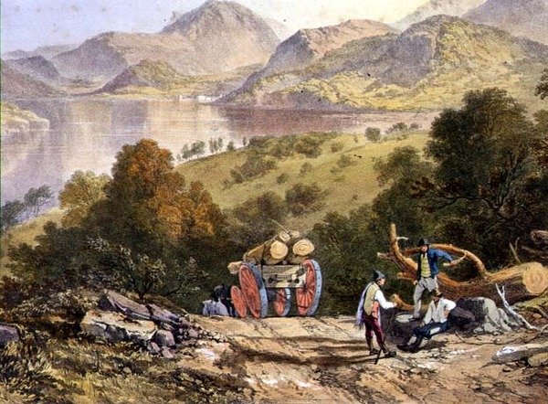 Ullswater, egy favágó szekerének részlete, „The English Lake District” alkotó: James Baker (after) Pyne