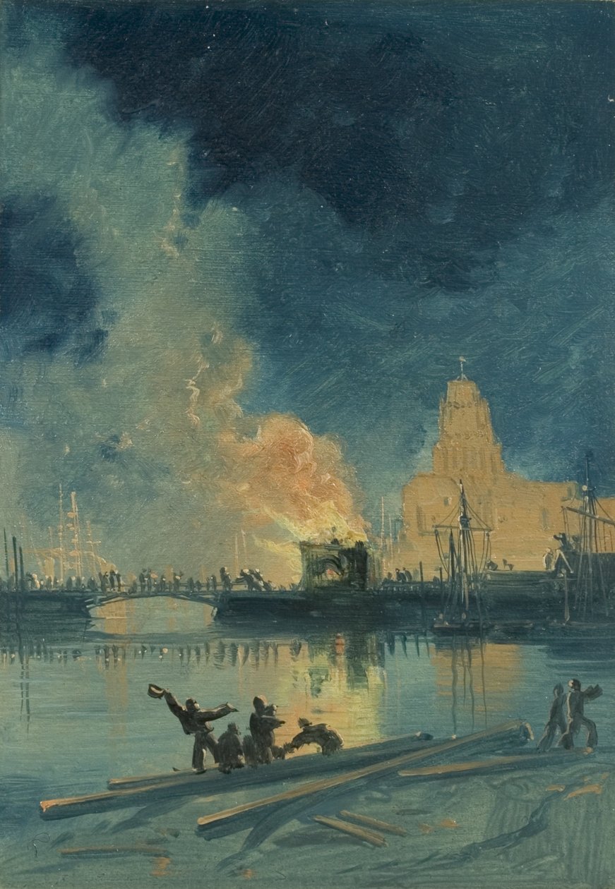 Bristol Riots: Burning Toll House on Prince Street Bridge, 1832 körül (olaj, papír) alkotó: James Baker Pyne