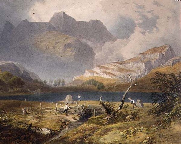 Langdale Pikes, a tanya részlete, "The English Lake District", 1853 alkotó: James Baker Pyne