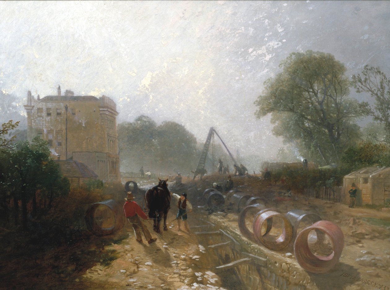 „Szörnycsövek fektetése az Új folyóból”, 1820-1870. alkotó: James Baker Pyne