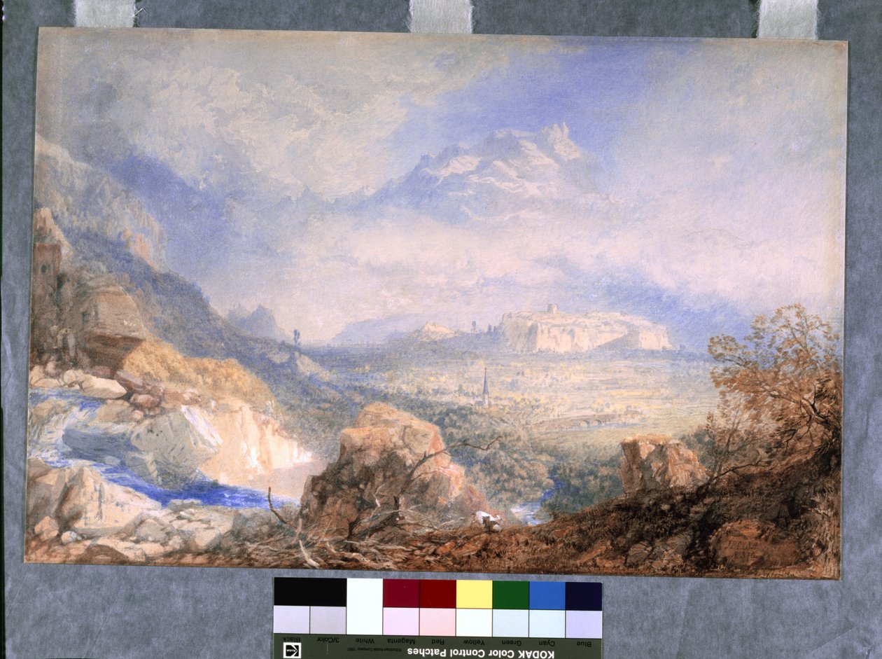 Rhone völgye a várossal és Sion fellegvárával, Svájcban (akvarell és gouache, törtfehér papíron) alkotó: James Baker Pyne