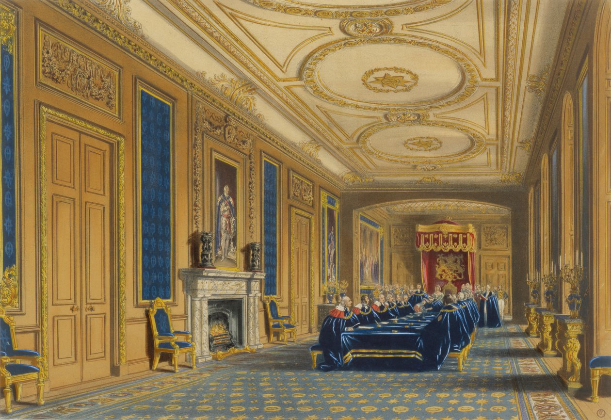 A Trónterem, Windsori kastély – A Harisnyakötő Rend felállítása, 1838 alkotó: James Baker after Pyne