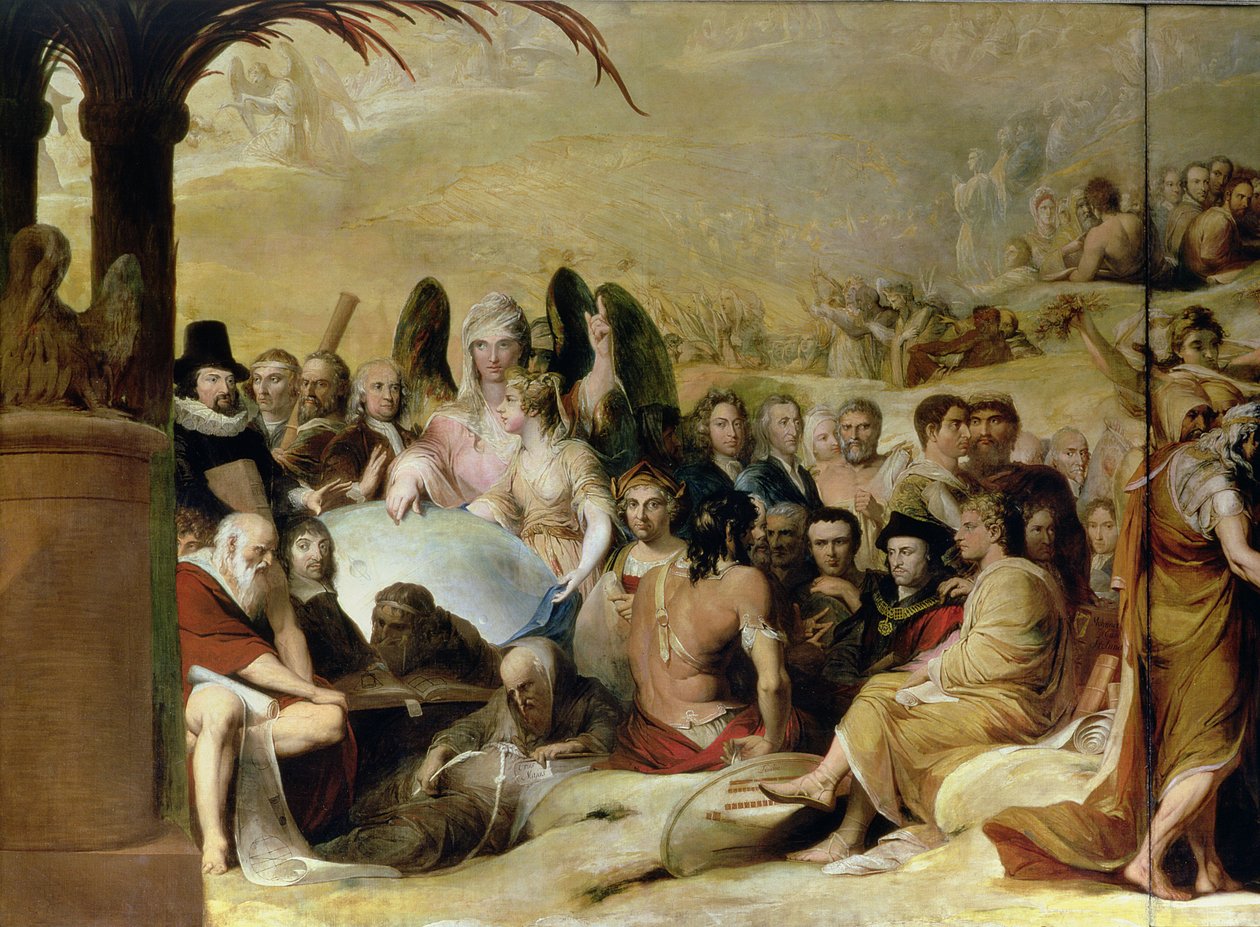 Elysium, avagy A végső megtorlás állapota, az 1777-84 körüli emberi kultúra és tudás fejlődése című sorozat hatodik része, tudósok és filozófusok részlete, akik a Földgömbre néznek (lásd al. alkotó: James Barry