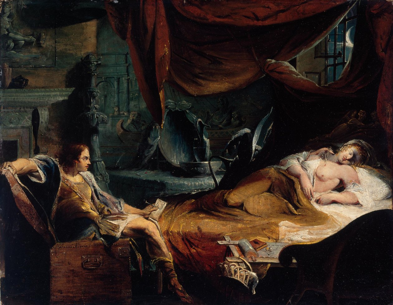 Iachimo előbújik a ládából Imogen szobájában alkotó: James Barry
