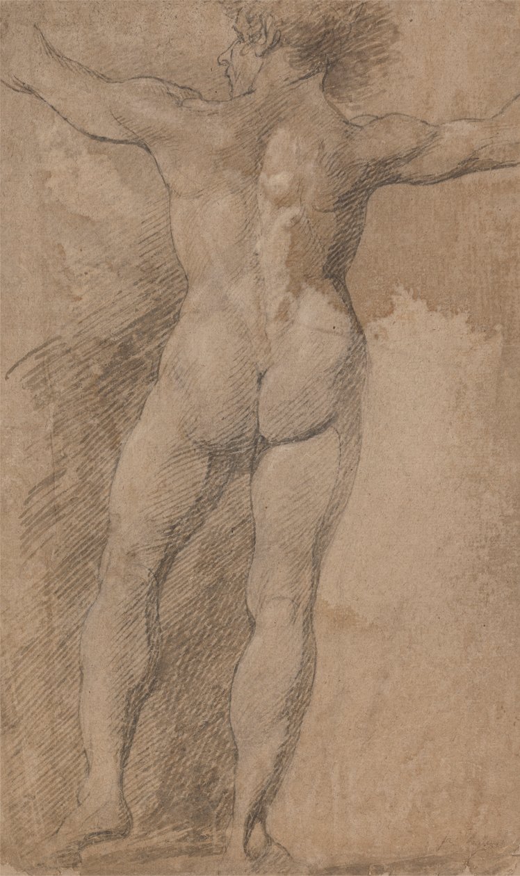 Szélesre tárt karú férfi hátulról nézve alkotó: James Barry