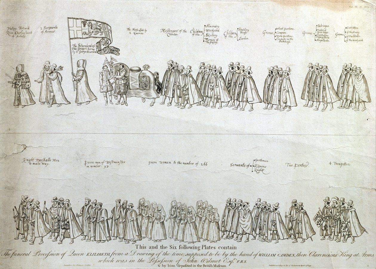 I. Erzsébet királynő temetési menete, egy korabeli rajzról, amely feltehetően William Camden, a Clarencieux-i fegyveres király keze nyomán készült, metszette James Basire (1730-1802), pub. 1791 (metszet) alkotó: James Basire