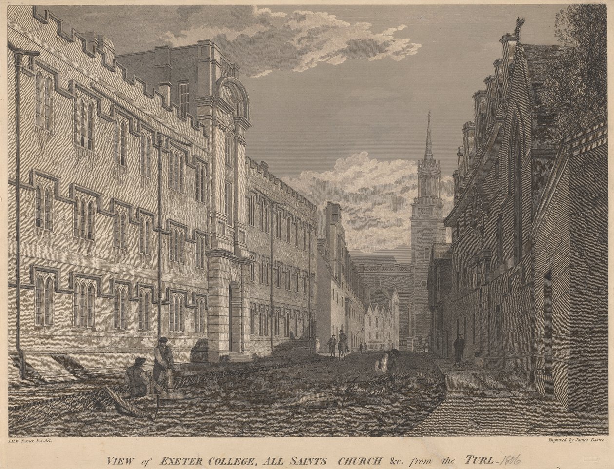 Kilátás az Exeter College-ra, a Mindenszentek templomára, a Turl felől alkotó: James Basire