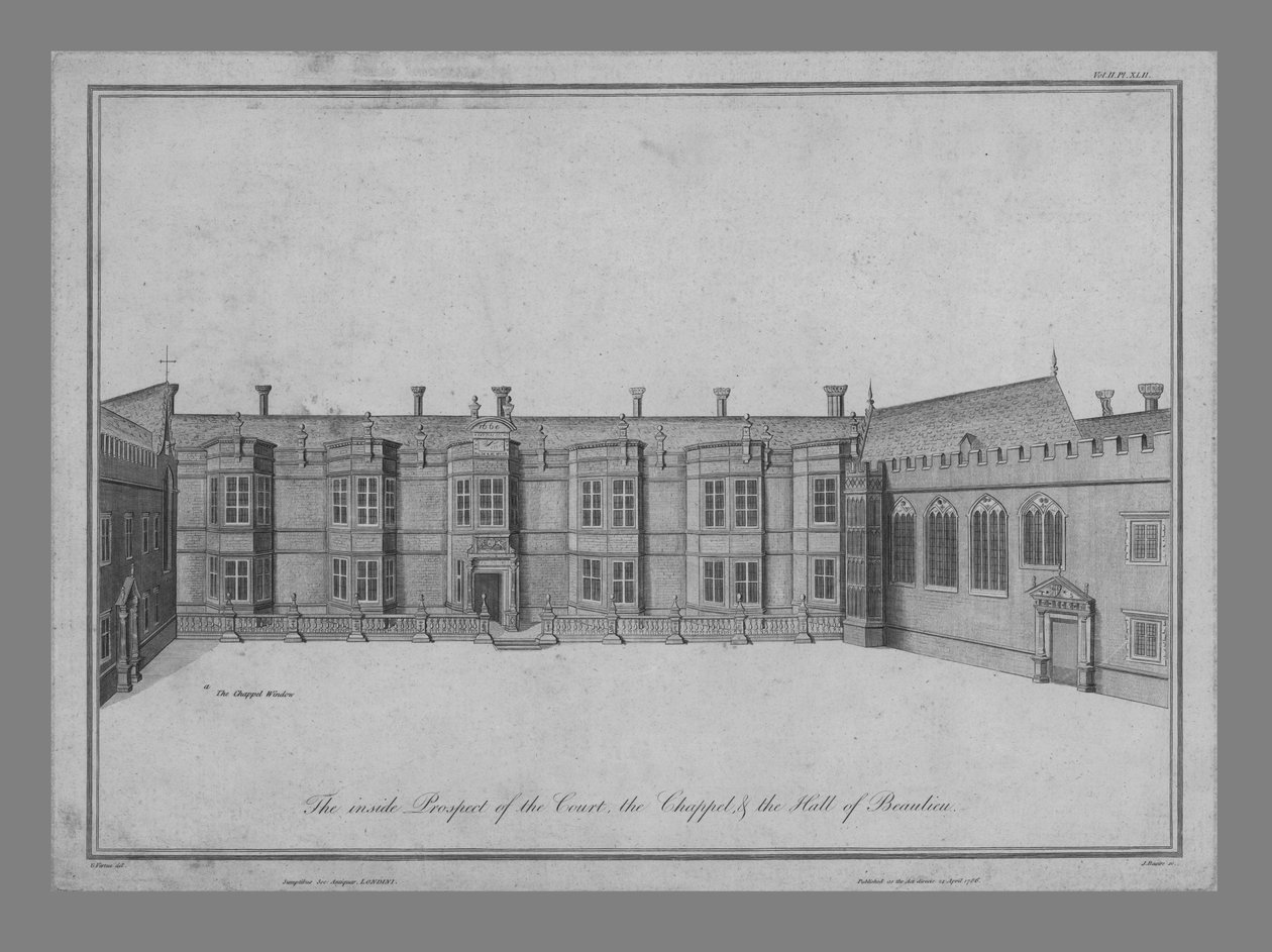 Az udvar belső kilátása, a kápolna és a Beaulieu-i terem, 1786. alkotó: James Basire I