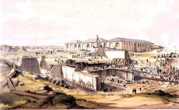 Az Állami Gépház építése, Camden Town, 1837. április 28., a művész metszete. alkotó: James Bourne