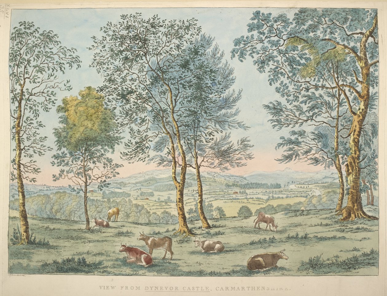 Maps K, Top 46. 35 c Kilátás a Dynevor kastélyból, Carmarthen (kézzel színezett rézkarc) alkotó: James Bretherton